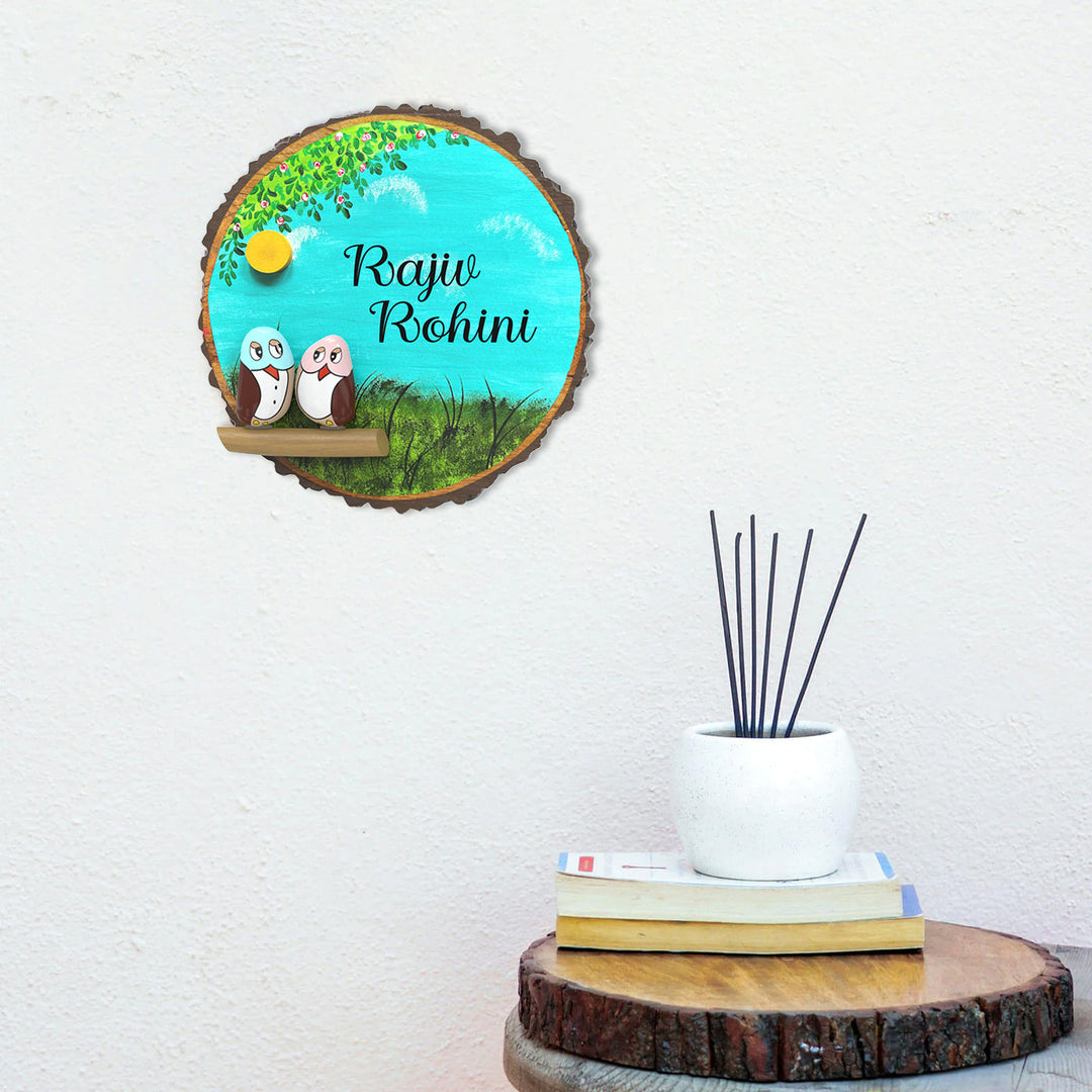 Hand-painted Pebble Art Owl Tree Bark Nameboard