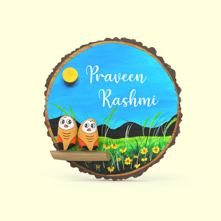 Hand-painted Pebble Art Owl Tree Bark Nameboard