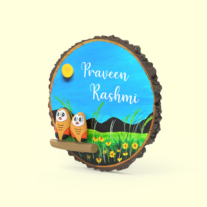 Hand-painted Pebble Art Owl Tree Bark Nameboard