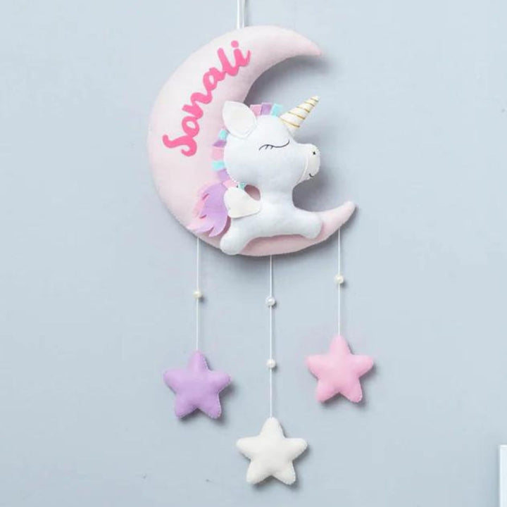Handmade Personalized Felt Kids Name Hanging - Baby Unicorn On Moon