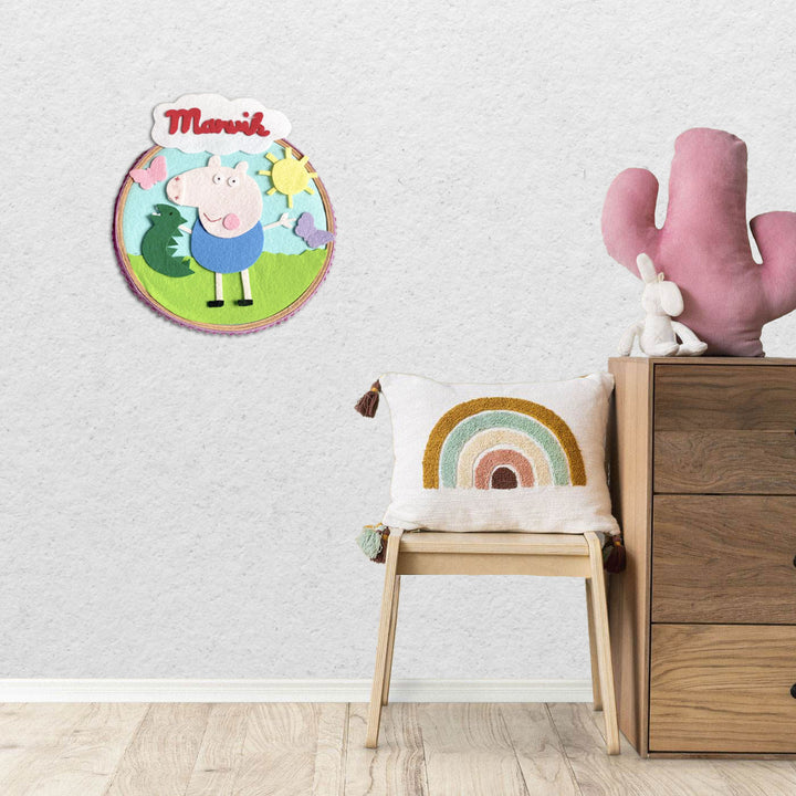 Personalized Felt Peppa Pig Theme Wall Name Plate - Mounted on Nursery Wall Display