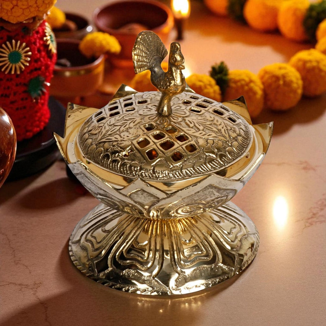 Handmade Peacock & Lotus Brass Dhoop & Loban Fumer