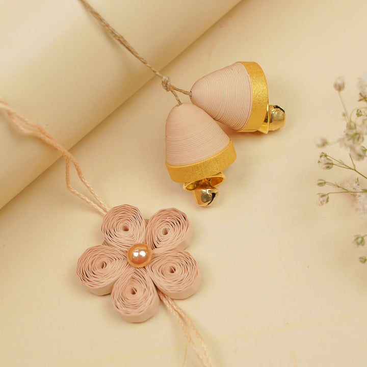 Handmade Paper Quilled Beige Flower Bhaiya Bhabhi Rakhi With Roli Chawal | Set Of 2