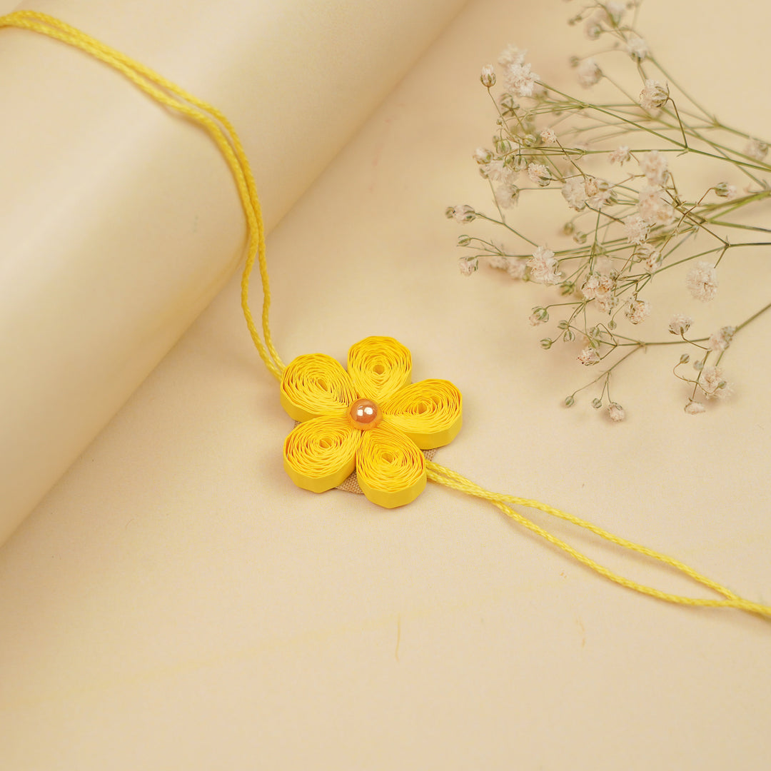 Handmade Paper Quilled Yellow Flower Bhaiya Bhabhi Rakhi With Roli Chawal | Set Of 2