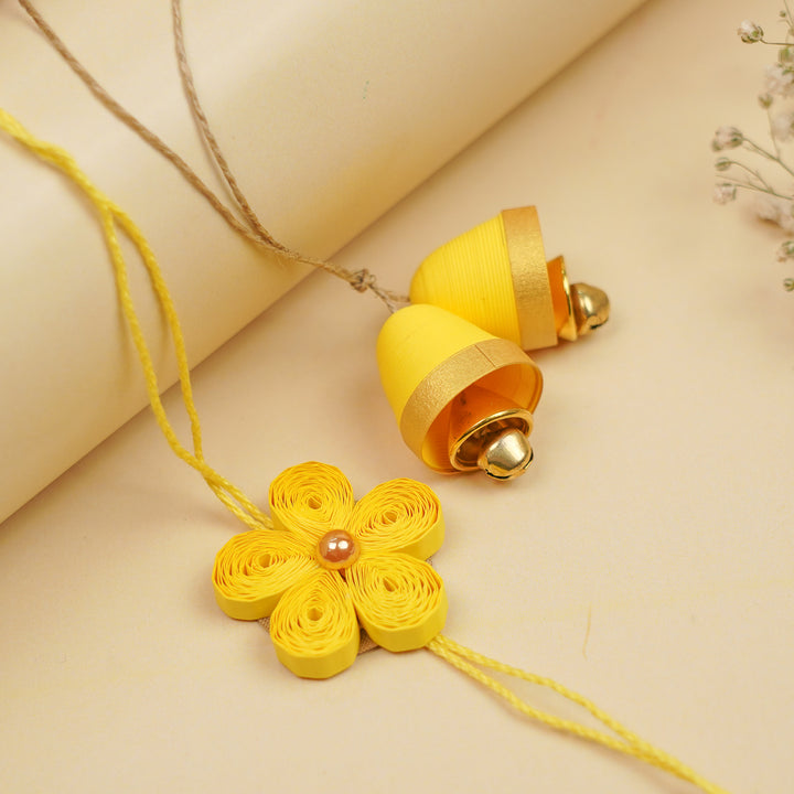 Handmade Paper Quilled Yellow Flower Bhaiya Bhabhi Rakhi With Roli Chawal | Set Of 2