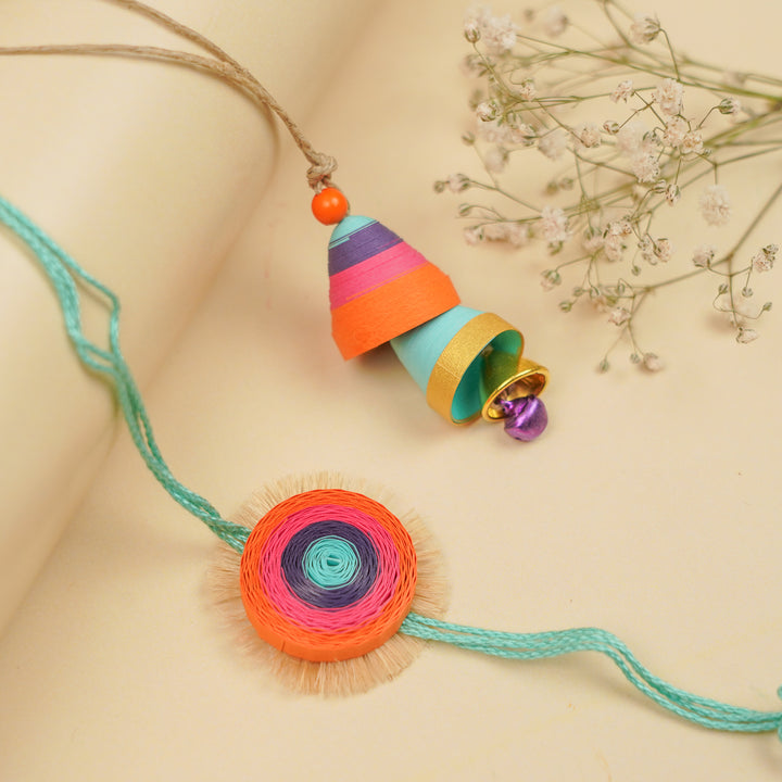 Handmade Paper Quilled Multicolour Bhaiya Bhabhi Rakhi With Roli Chawal | Set Of 2