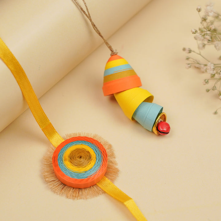 Handmade Paper Quilled Rainbow Hues Bhaiya Bhabhi Rakhi With Roli Chawal | Set Of 2