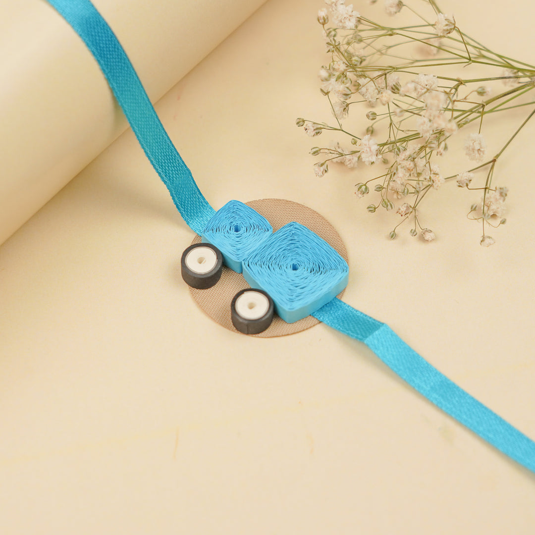 Handmade Paper Quilled Car Theme Kids Rakhi With Roli Chawal
