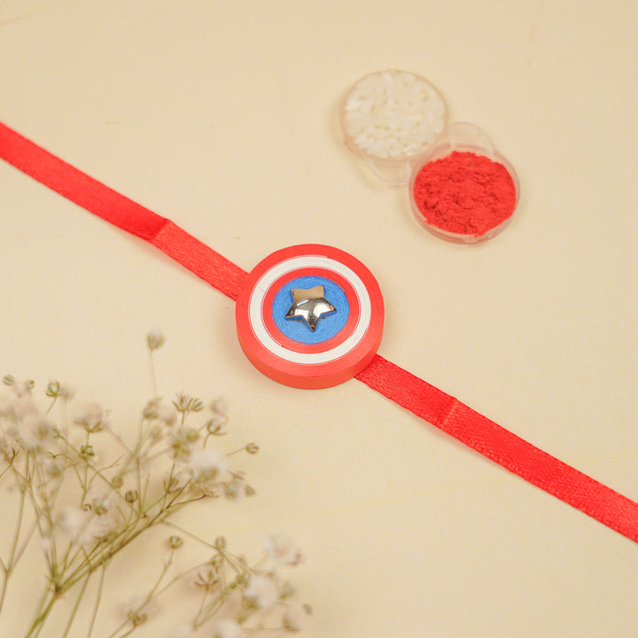 Handmade Paper Quilled Captain America Theme Kids Rakhi With Roli Chawal