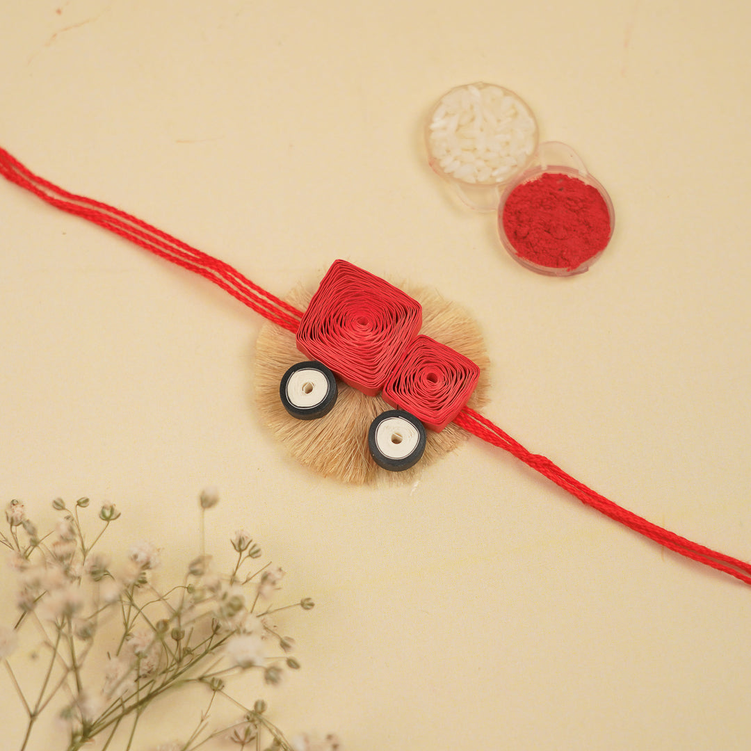 Handmade Paper Quilled Car Theme Kids Rakhi With Roli Chawal