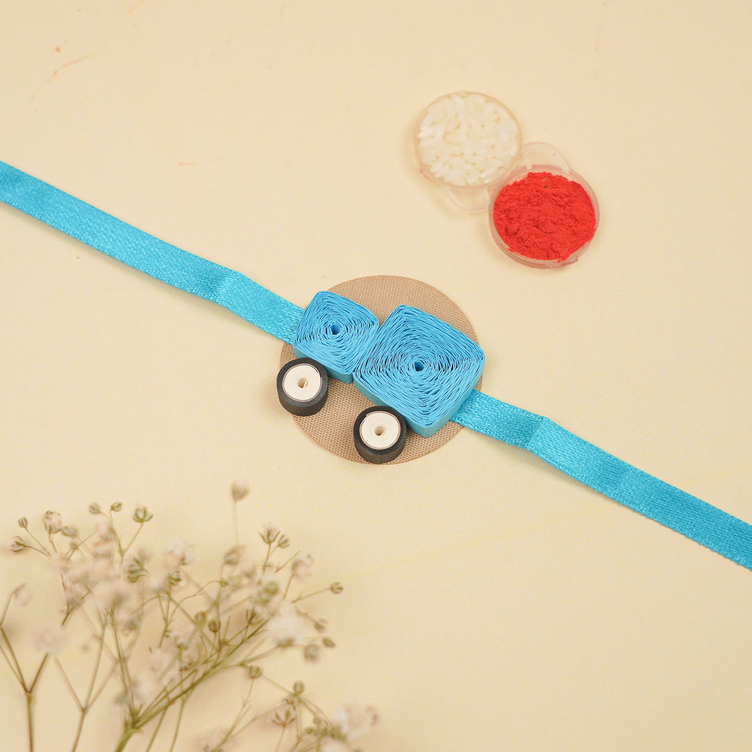 Handmade Paper Quilled Car Theme Kids Rakhi With Roli Chawal