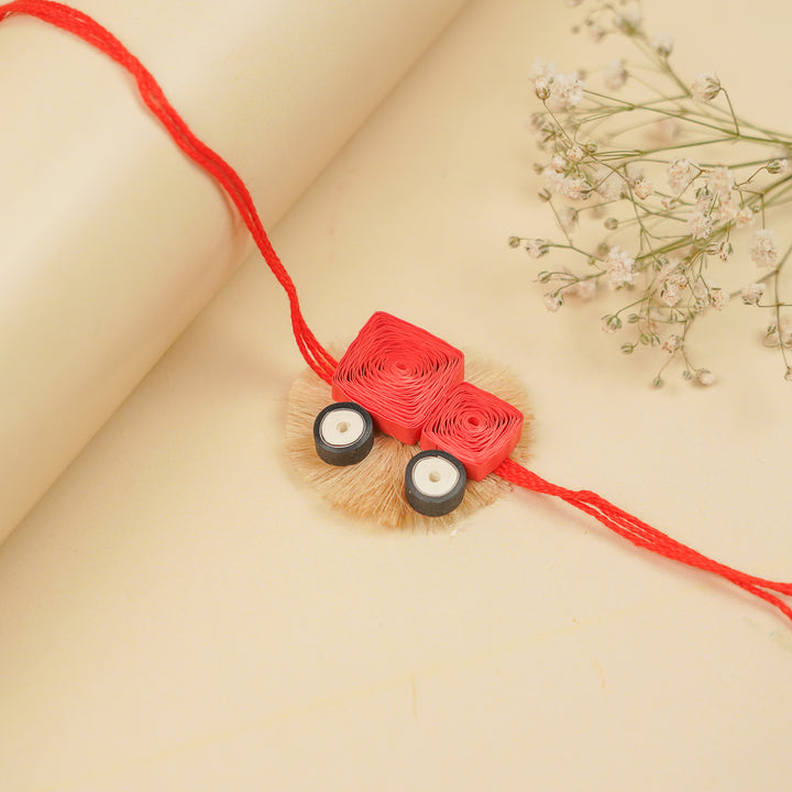 Handmade Paper Quilled Car Theme Kids Rakhi With Roli Chawal