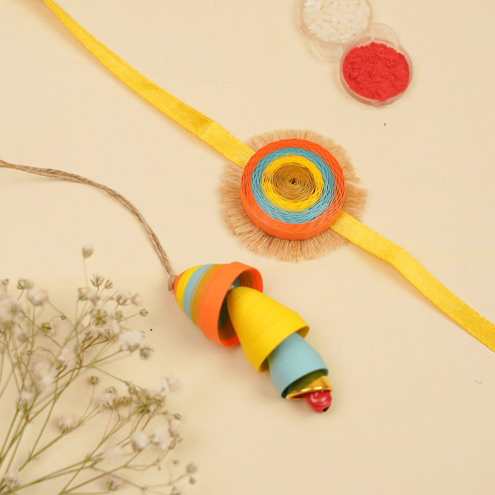 Handmade Paper Quilled Rainbow Hues Bhaiya Bhabhi Rakhi With Roli Chawal | Set Of 2