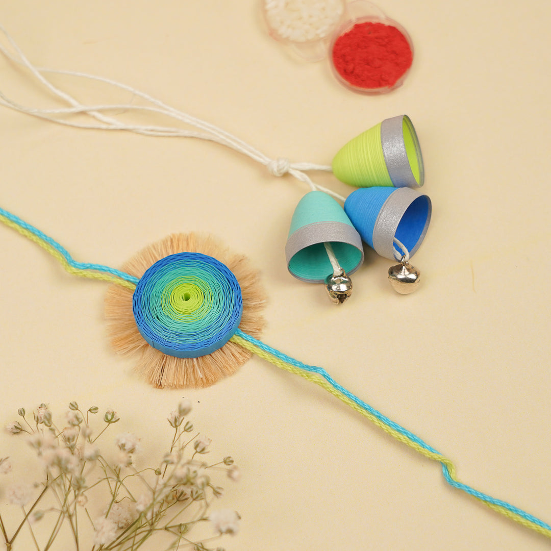 Handmade Paper Quilled Blue & Green Lagoon Bhaiya Bhabhi Rakhi With Roli Chawal | Set Of 2