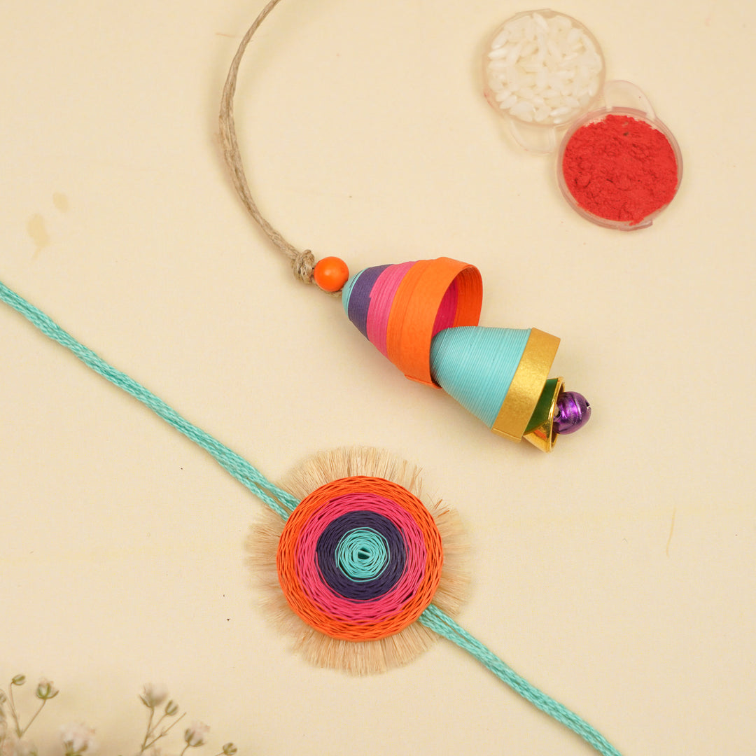 Handmade Paper Quilled Multicolour Bhaiya Bhabhi Rakhi With Roli Chawal | Set Of 2