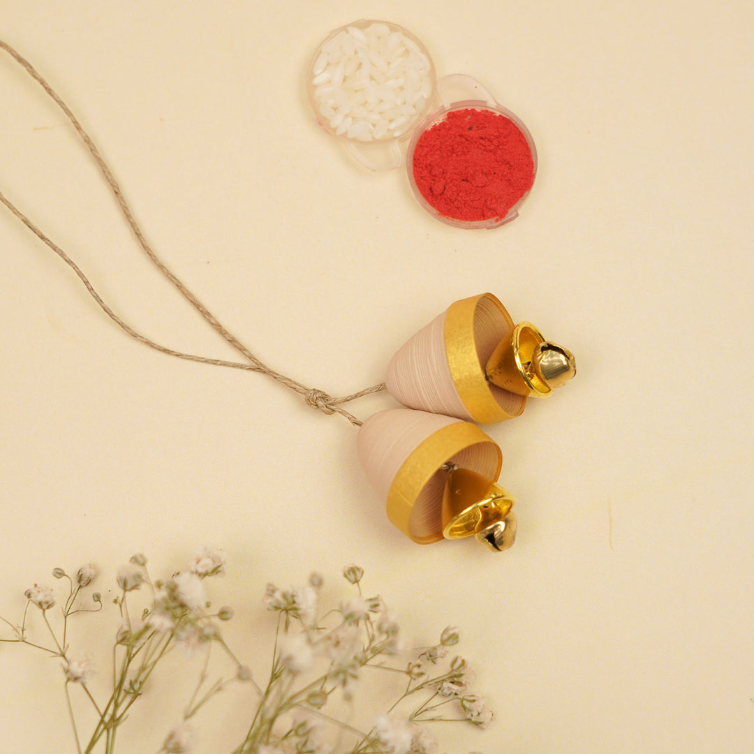 Handmade Paper Quilled Beige Flower Bhaiya Bhabhi Rakhi With Roli Chawal | Set Of 2