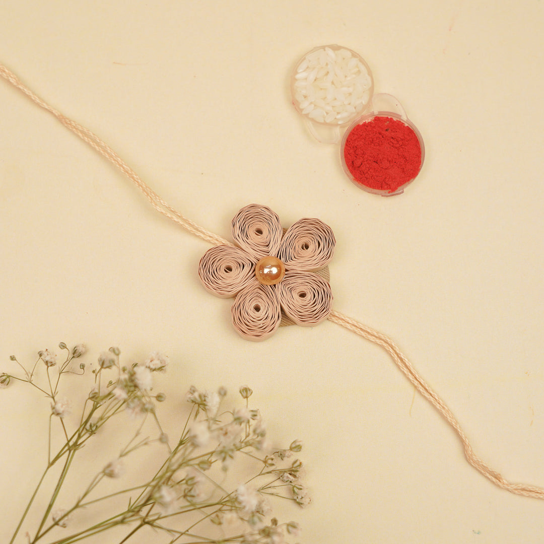 Handmade Paper Quilled Beige Flower Bhaiya Bhabhi Rakhi With Roli Chawal | Set Of 2