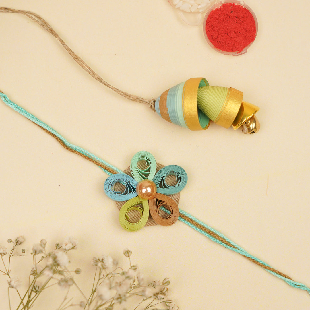 Handmade Paper Quilled Floral Bhaiya Bhabhi Rakhi With Roli Chawal | Set Of 2