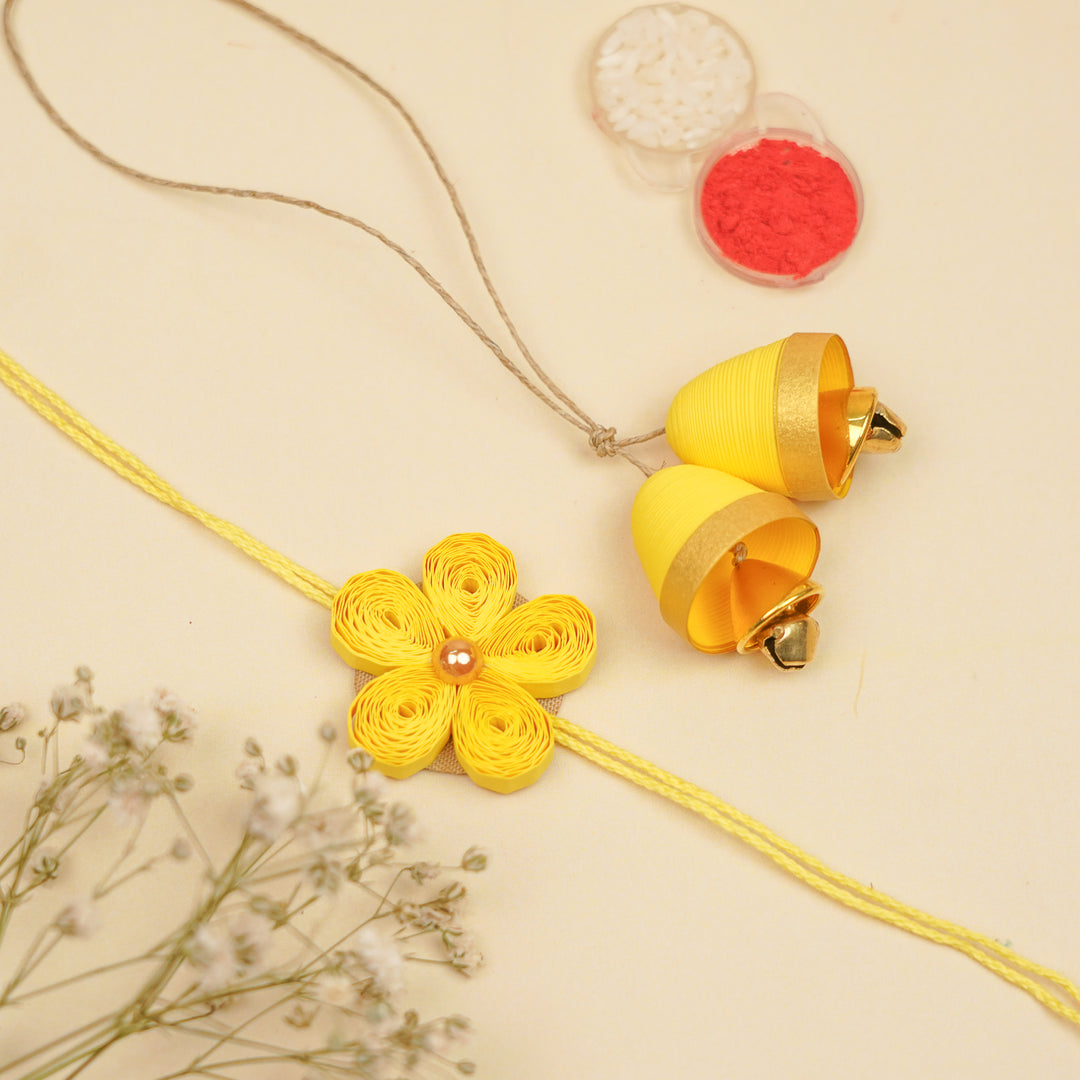 Handmade Paper Quilled Yellow Flower Bhaiya Bhabhi Rakhi With Roli Chawal | Set Of 2