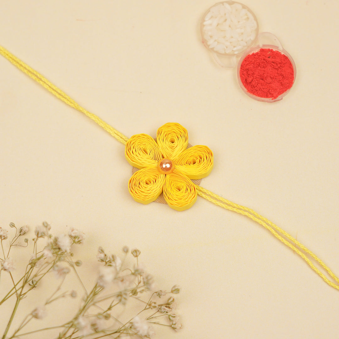 Handmade Paper Quilled Yellow Flower Bhaiya Bhabhi Rakhi With Roli Chawal | Set Of 2