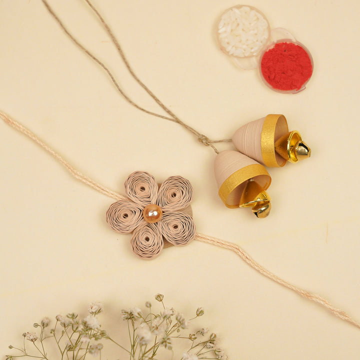 Handmade Paper Quilled Beige Flower Bhaiya Bhabhi Rakhi With Roli Chawal | Set Of 2