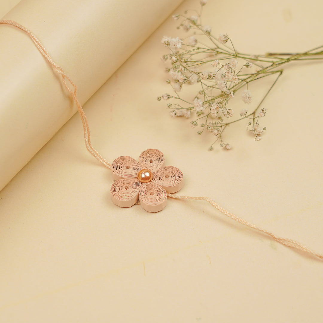 Handmade Paper Quilled Beige Flower Bhaiya Bhabhi Rakhi With Roli Chawal | Set Of 2