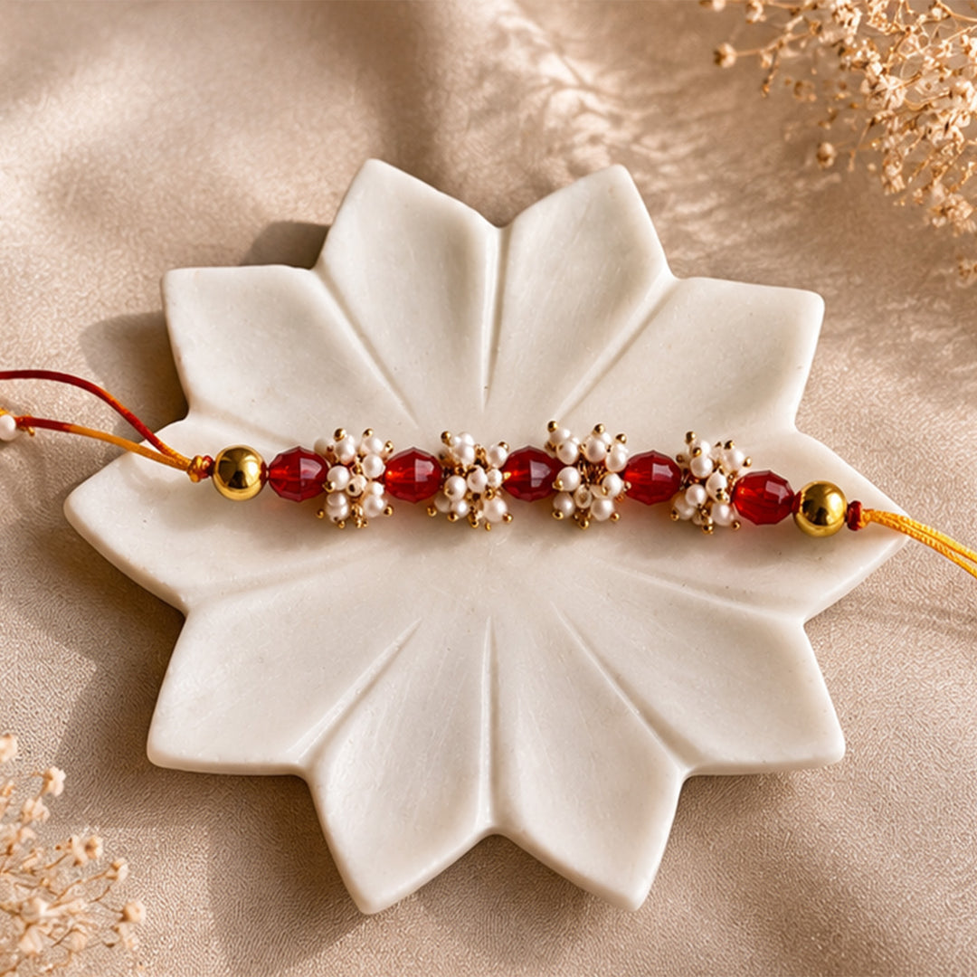 Hand-Knotted Red Beaded Rakhi & Lumba Set For Bhaiya Bhabhi | Set of 2