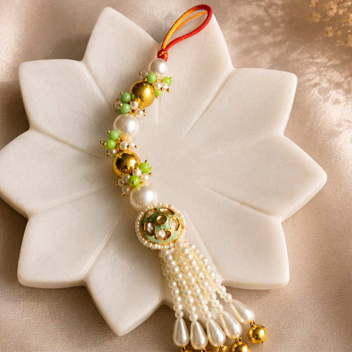 Hand-Knotted Green Beaded Rakhi & Lumba Set For Bhaiya Bhabhi | Set of 2