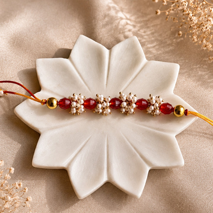 Hand-Knotted Red Beaded Rakhi With Roli Chawal For Brother