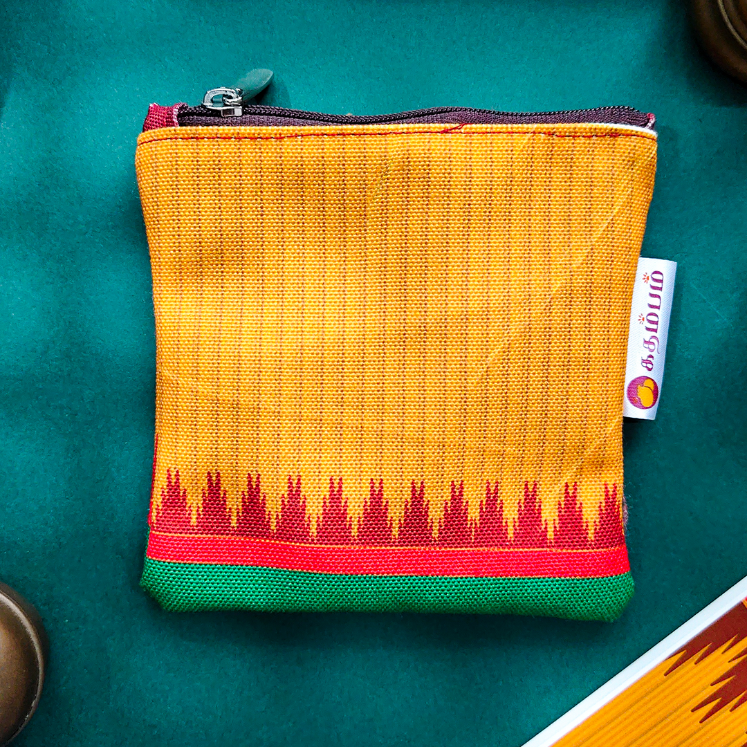Yellow And Green Kanchipuram Weaves Pattu Collection Mini Coin Pouch With Temple Border For Festive Gifting