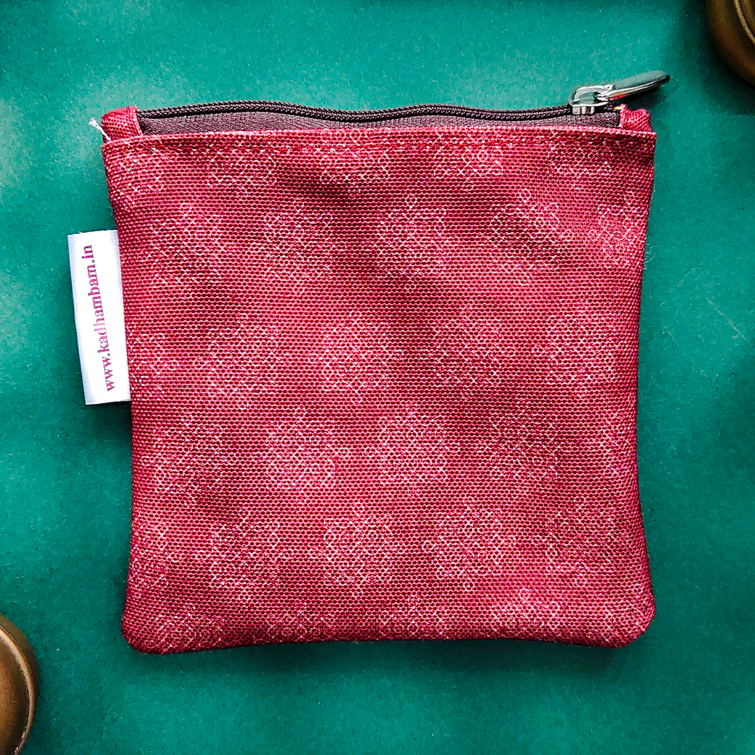 Kolam Maroon Patterned Mini Coin Pouch With Zip For Festive Gifting