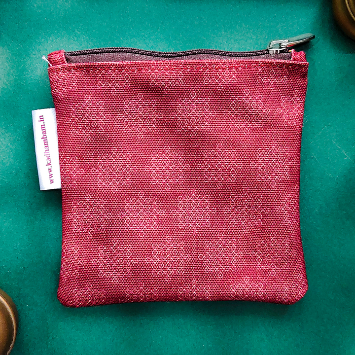 Kolam Maroon Patterned Mini Coin Pouch With Zip For Festive Gifting
