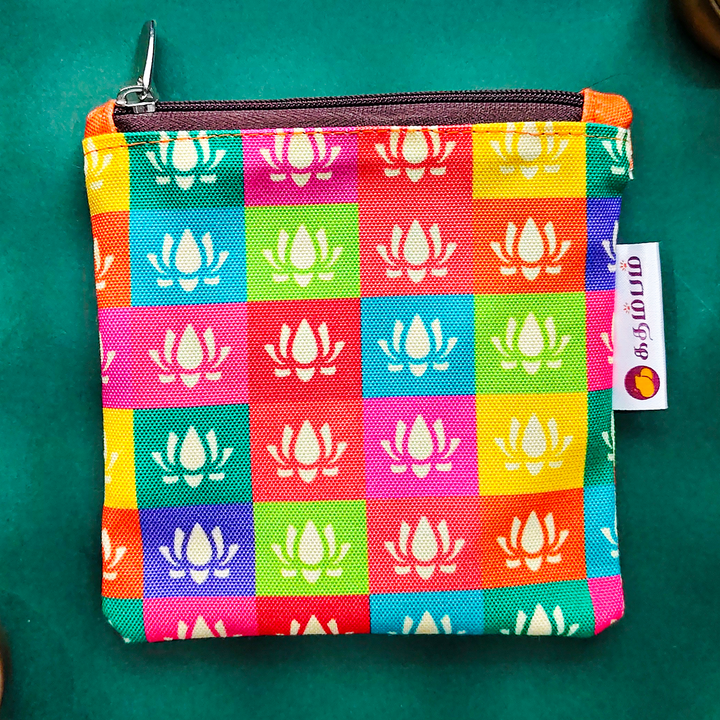Padma Multicolour Lotus Motif Checked Mini Coin Pouch With Zip For Festive Gifting