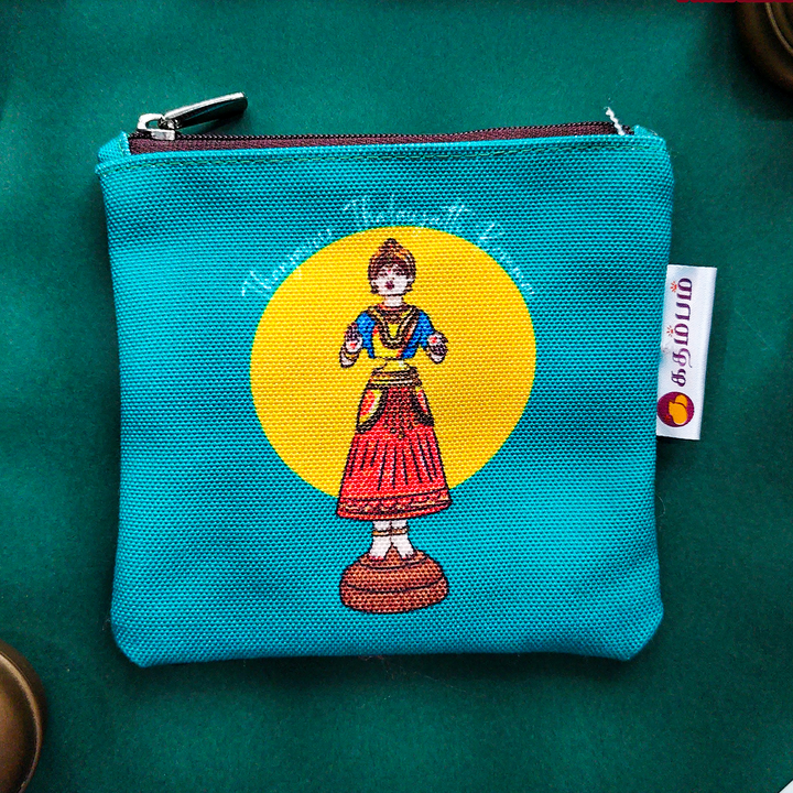 Thanjavur Thalayatti Bommai Turquoise And Yellow Printed Mini Coin Pouch With Zip For Festive Gifting