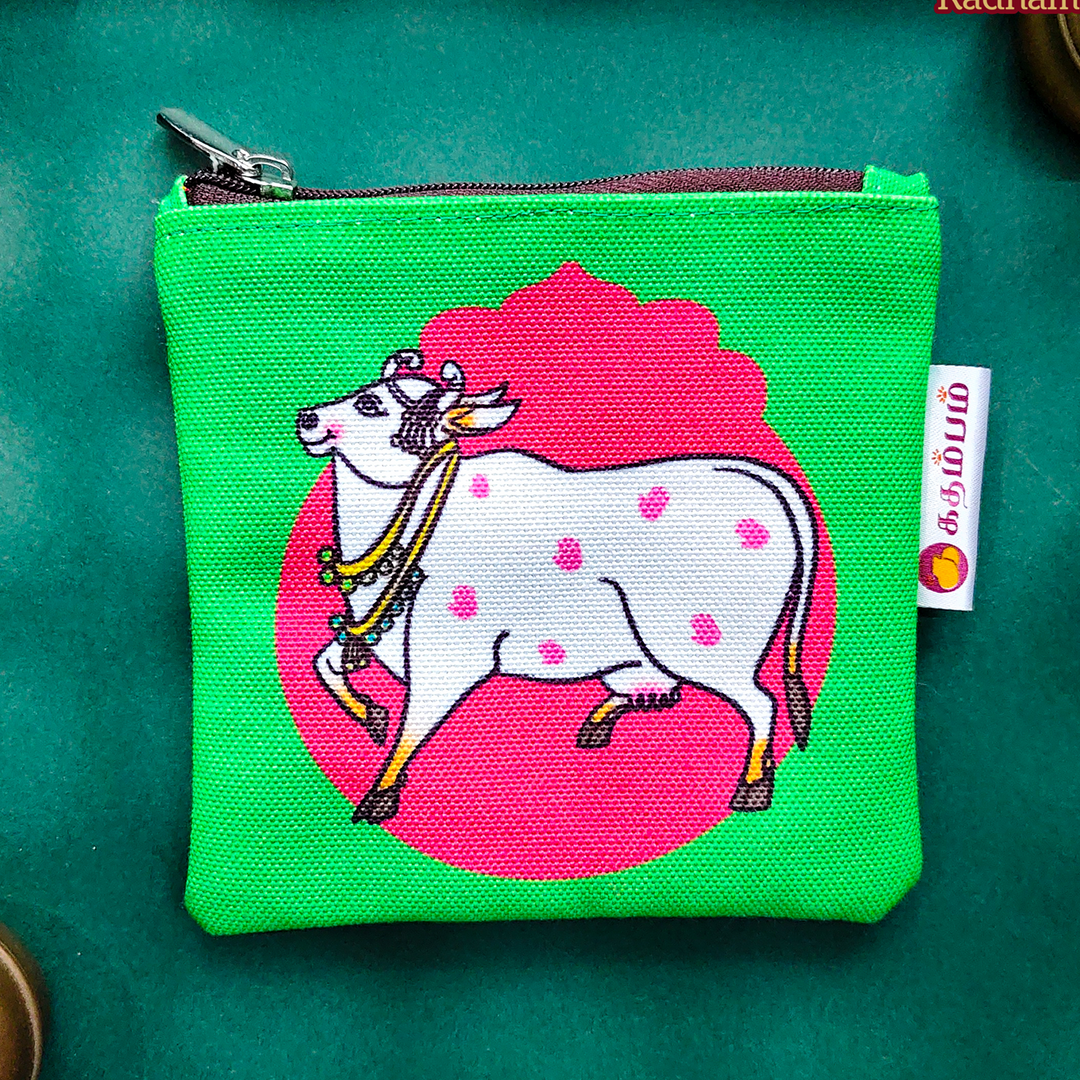 Pichwai Cow Green And Pink Printed Mini Coin Pouch With Zip For Festive Gifting