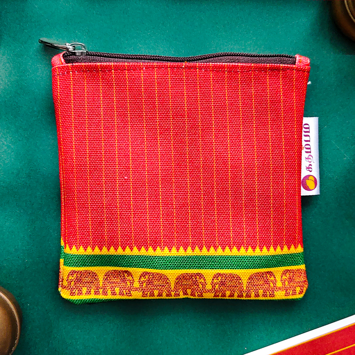 Red Kanchipuram Weaves Pattu Collection Mini Coin Pouch With Contrast Border For Festive Gifting