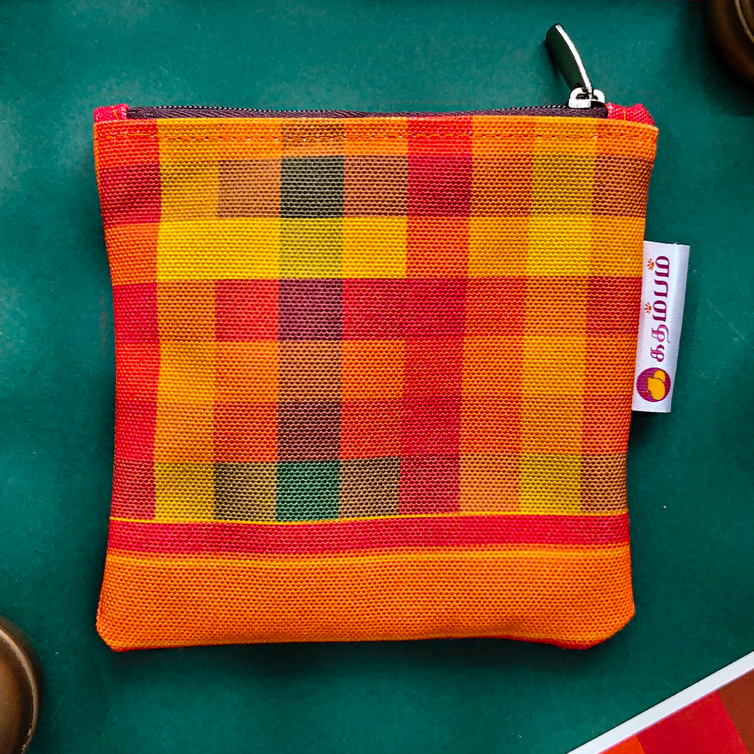Paalum Palamum Orange Checked Kanchipuram Weaves Pattu Collection Mini Coin Pouch With Zip For Festive Gifting