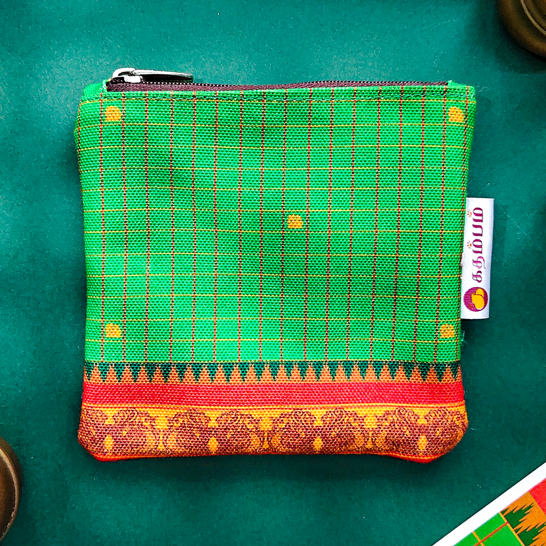 Green Checked Kanchipuram Weaves Pattu Collection Mini Coin Pouch With Contrast Border For Festive Gifting