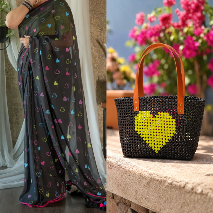 "Double Crush" Pink & Green Heart Mukhya Knot Handmade Wire Koodai Tote Bag