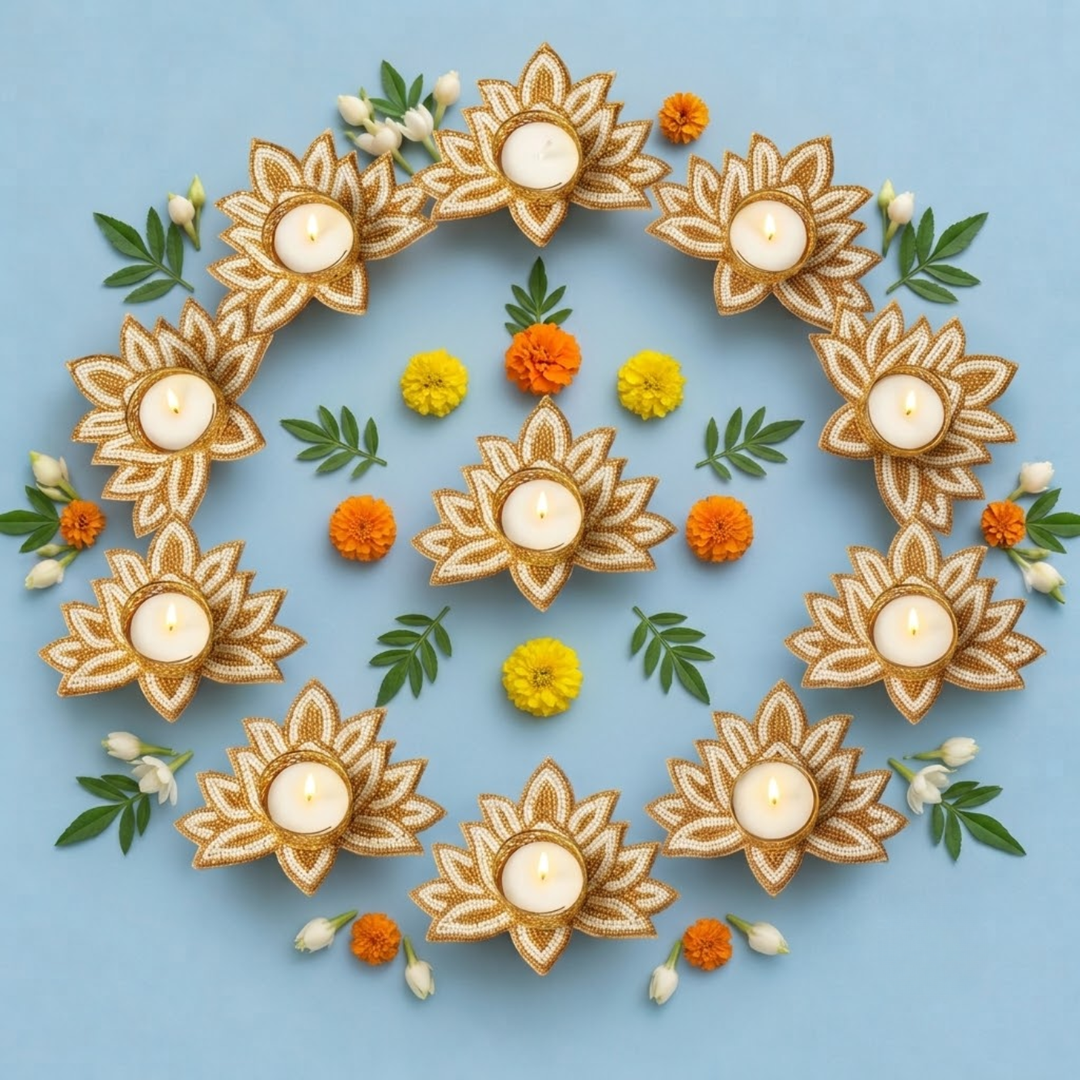 Set of 10 | Handmade Beaded White & Golden Lotus Tealight Holders