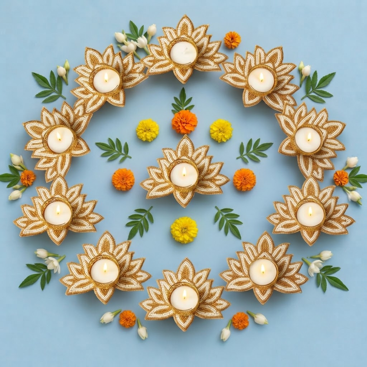 Set of 10 | Handmade Beaded White & Golden Lotus Tealight Holders