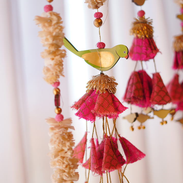 6 Pc | Handmade Parandi Bird Jute Wall Hanging Strings in Different Lengths With Shola Accents