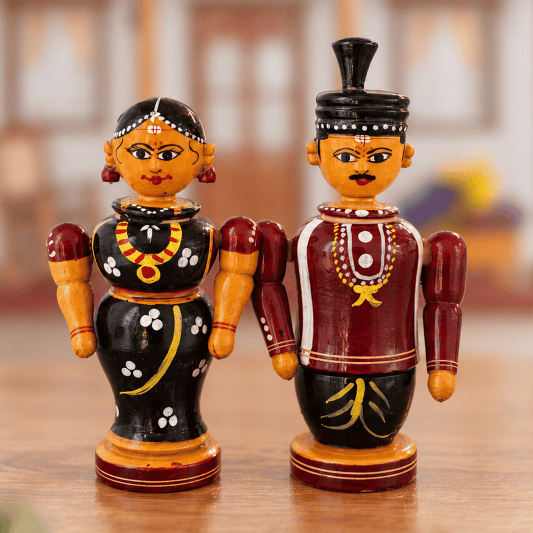 Set of 2 | Handmade Couple Medium Wooden Golu Doll Kumkum Holders For Festive Decor