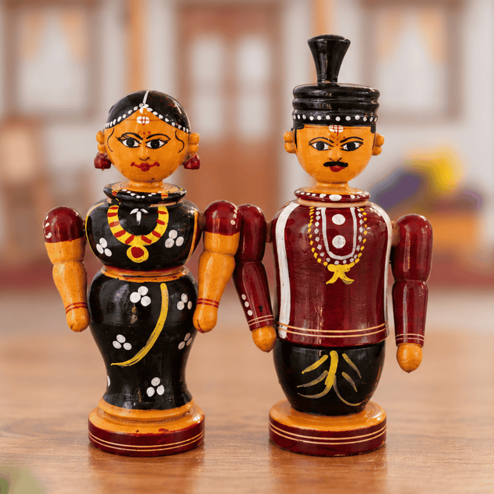Set of 2 | Handmade Couple Medium Wooden Golu Doll Kumkum Holders For Festive Decor