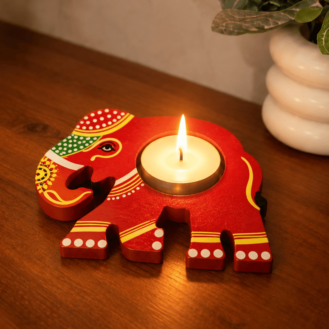 Handmade Elephant 2D Wooden Tealight Holder For Festive Golu Decor