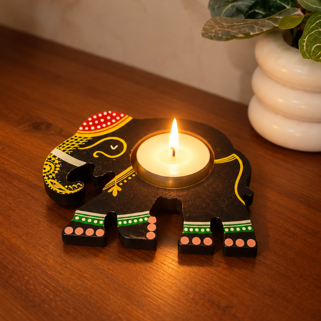 Handmade Elephant 2D Wooden Tealight Holder For Festive Golu Decor