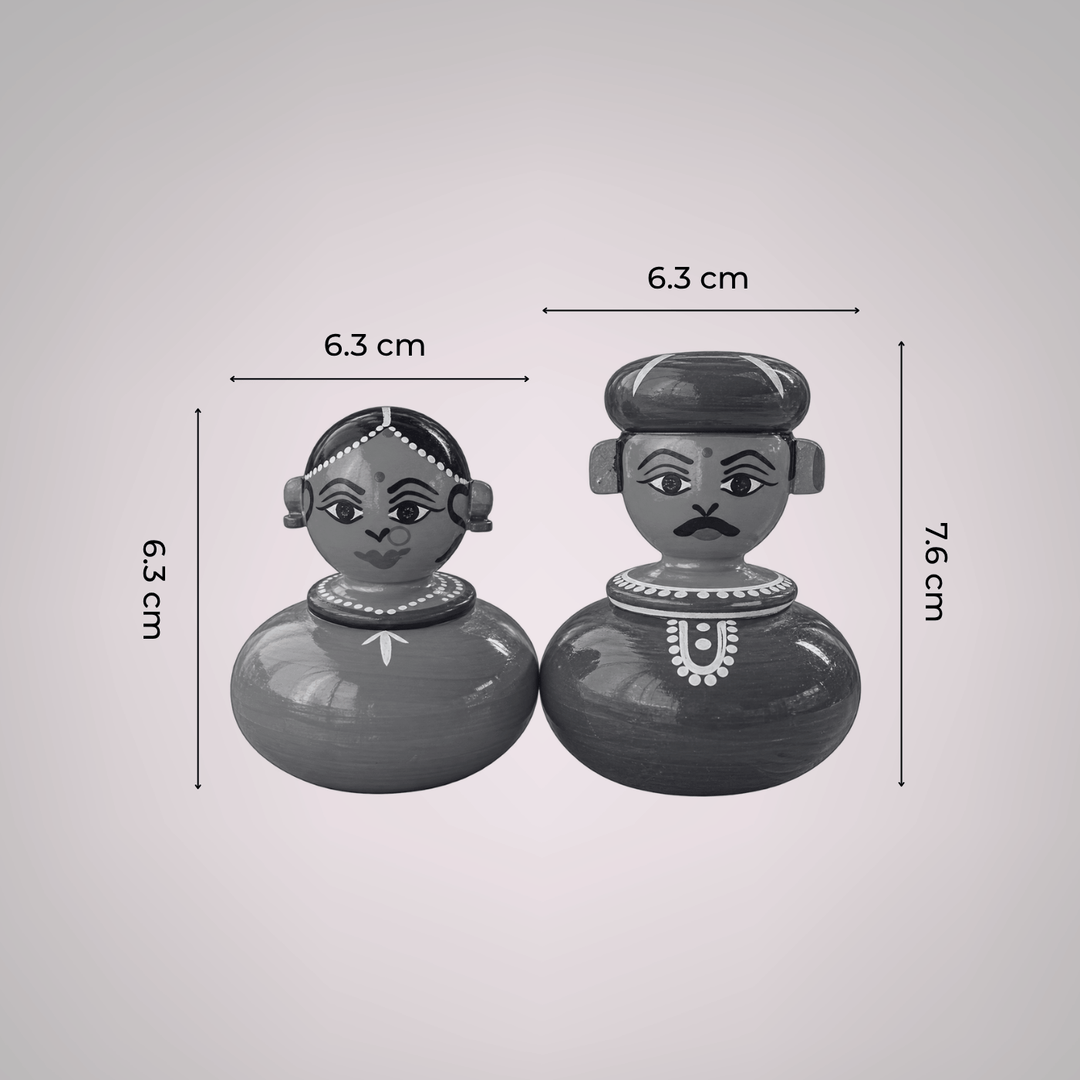 Set of 2 | Handmade Raja Rani Small Wooden Golu Doll Kumkum Holders For Festive Decor