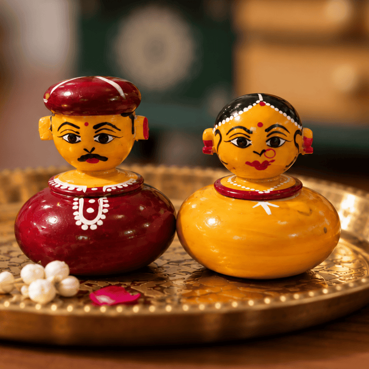 Set of 2 | Handmade Raja Rani Small Wooden Golu Doll Kumkum Holders For Festive Decor