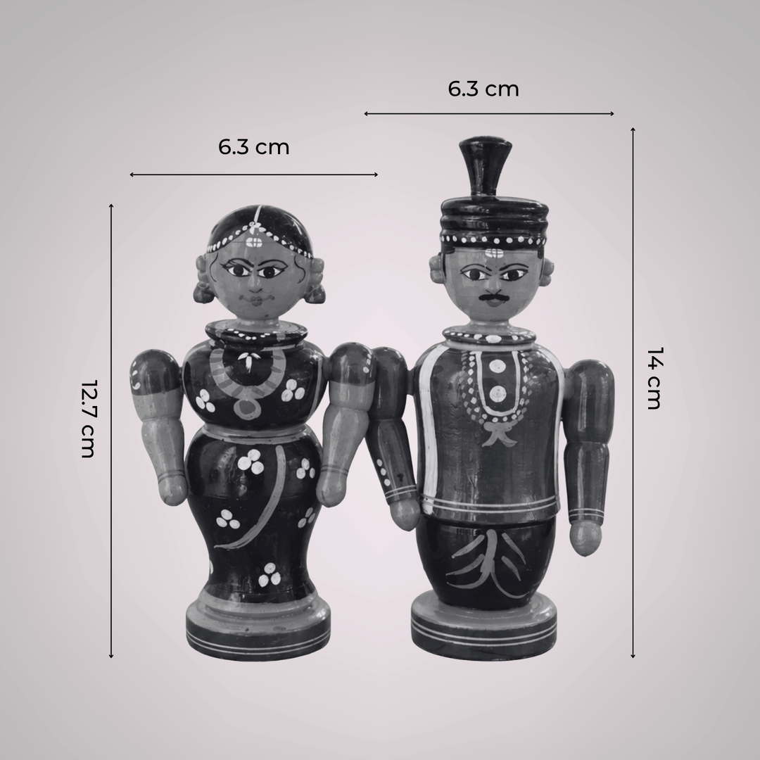 Set of 2 | Handmade Couple Medium Wooden Golu Doll Kumkum Holders For Festive Decor