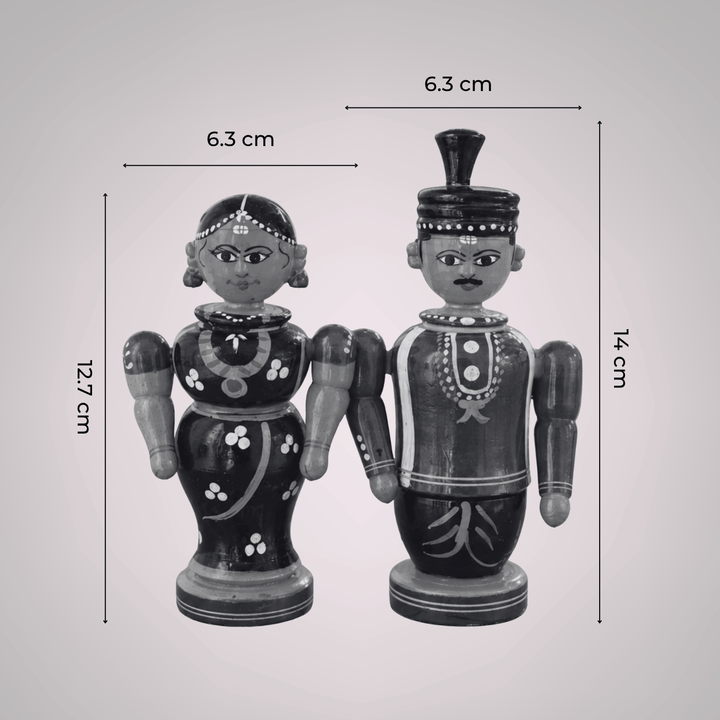 Set of 2 | Handmade Couple Medium Wooden Golu Doll Kumkum Holders For Festive Decor